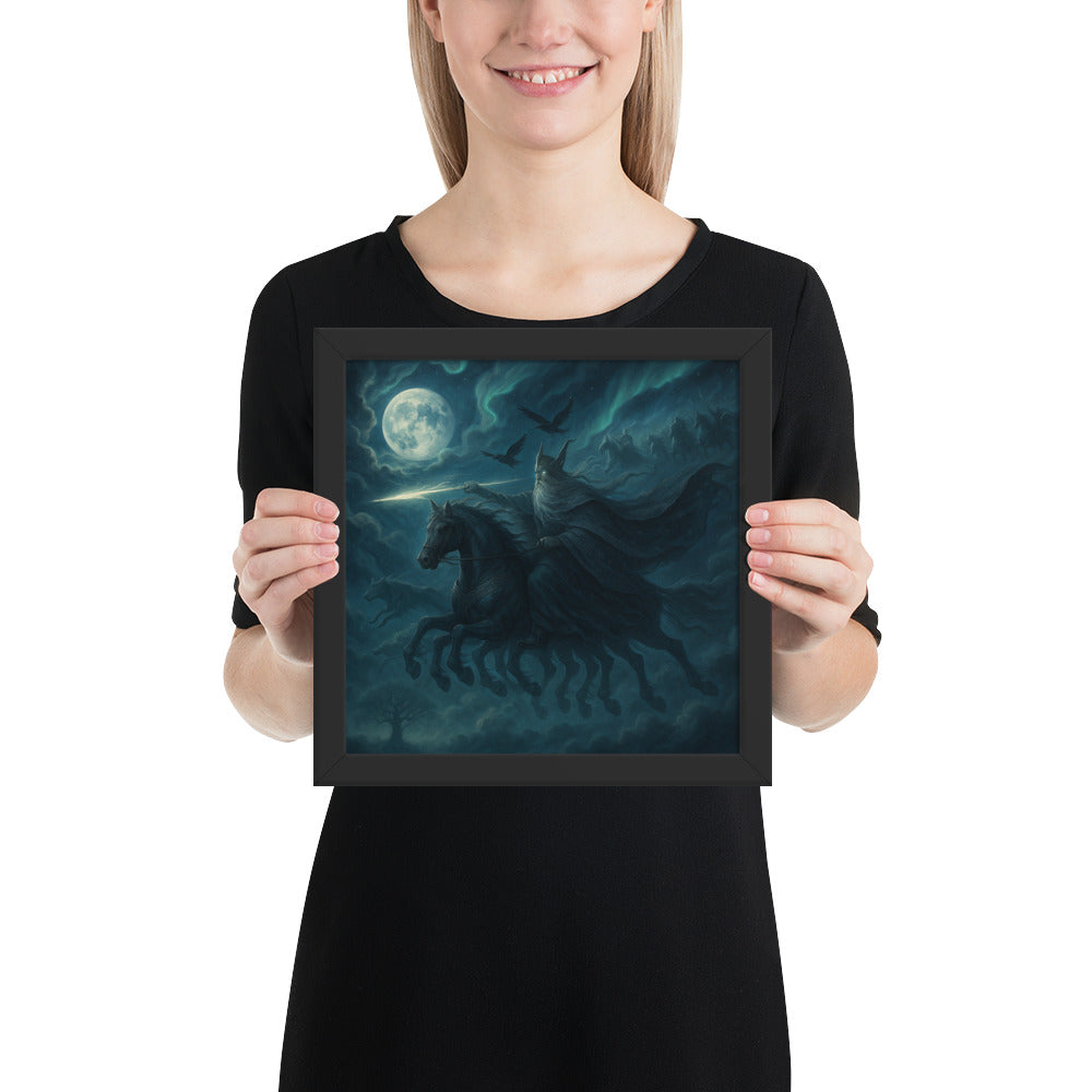 Norse folklore wall art showing Odin’s Wild Hunt riding across the heavens under the pale moon