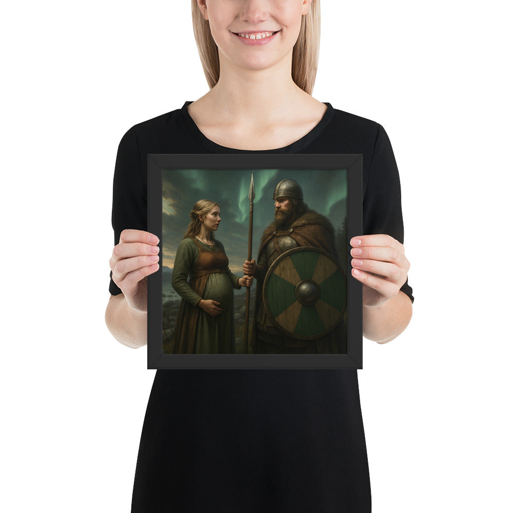 Norse historical wall art of a Viking family farewell beneath an aurora-lit Nordic landscape