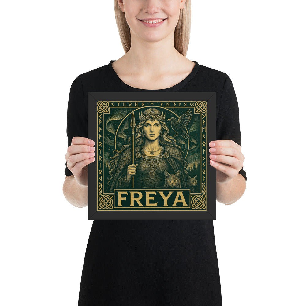 Framed Viking mythology poster of Freya with sacred cats, rune halo, and mythic Nordic design