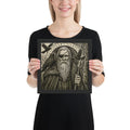 Framed Norse mythology poster featuring Odin the Wanderer with flowing beard, cloak, and symbolic runes