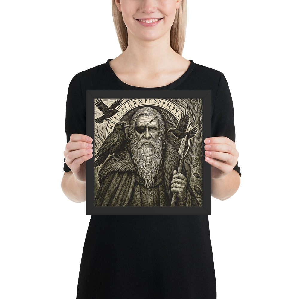 Framed Norse mythology poster featuring Odin the Wanderer with flowing beard, cloak, and symbolic runes