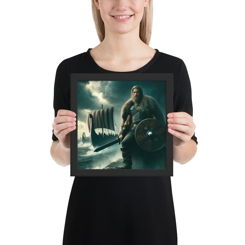 Norse saga wall art featuring Leif Erikson and Viking ships in a dramatic ocean scene