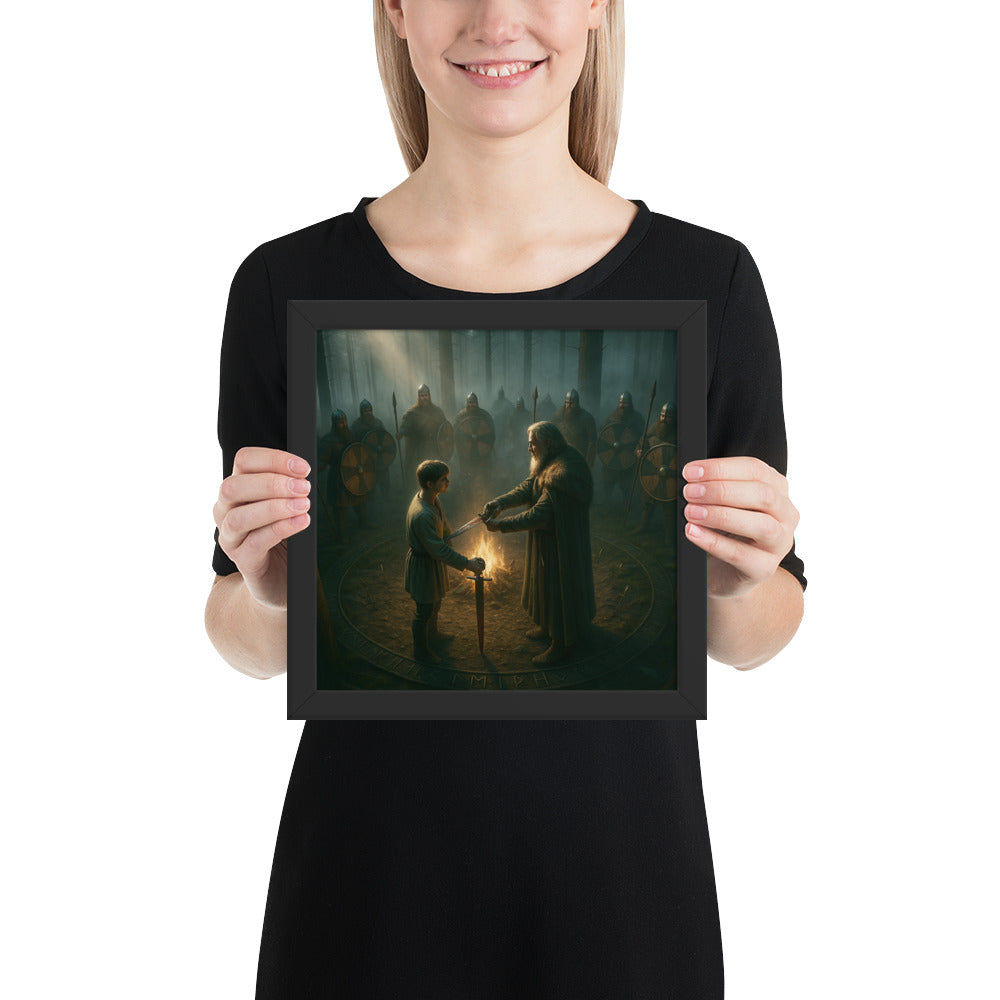 Viking ritual wall art illustrating a coming-of-age ceremony with fire, runes, and warriors