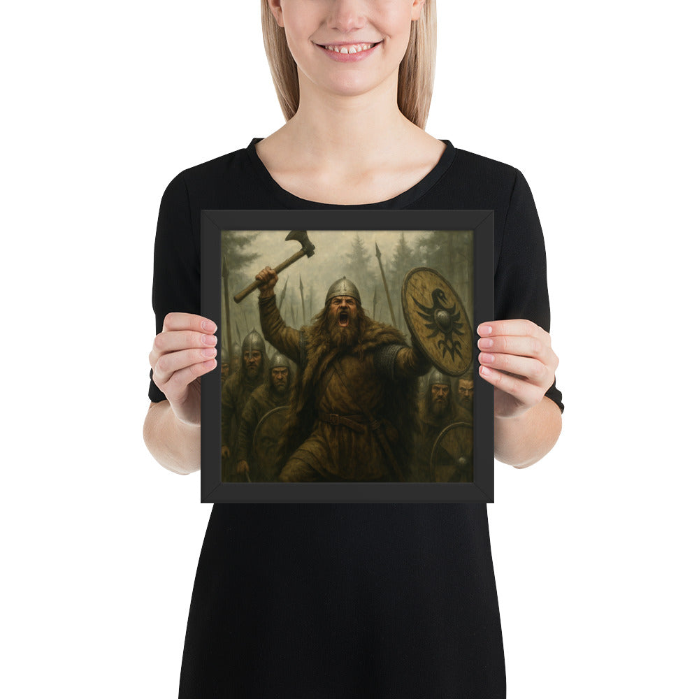 Ancient history wall art featuring Germanic warriors led by Ariovist in a forest battle scene