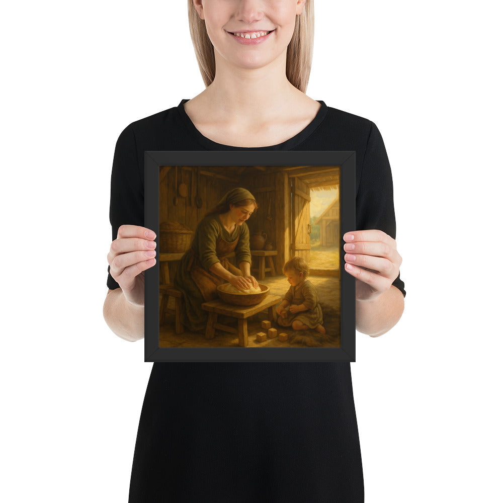 Vintage-style mother and child art print for kitchen or dining room, capturing a peaceful domestic scene with natural light and earthy tones