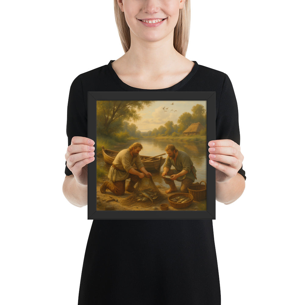 Viking history wall art featuring fishermen working together at a riverside, Norse cultural scene