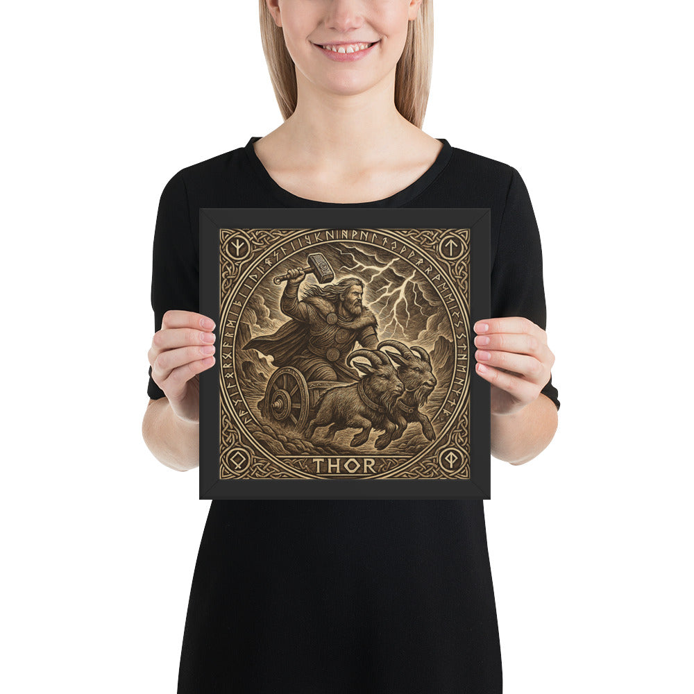 Norse god Thor framed art print with runic border, chariot, and storm clouds, Viking mythology decor