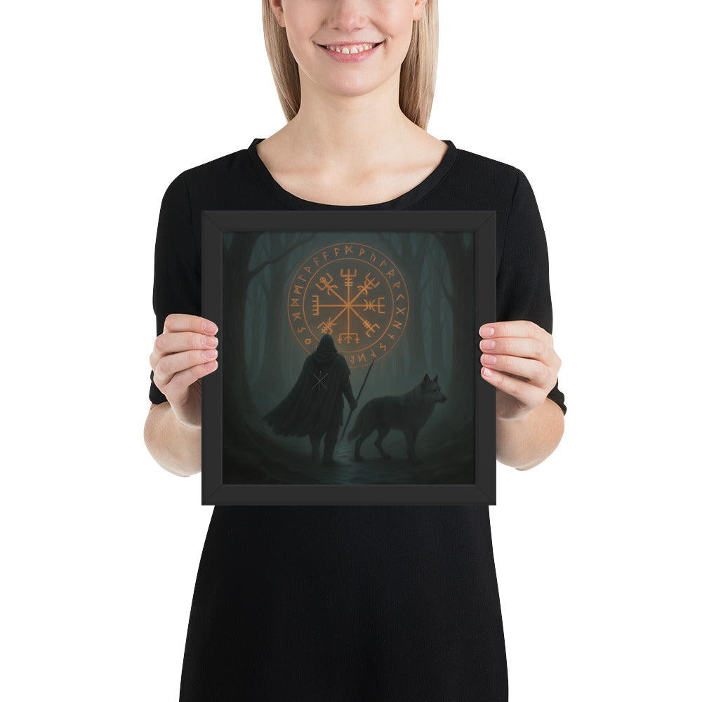 Norse mythology art print of the Vegvísir compass guiding a lone traveler with wolf through the forest