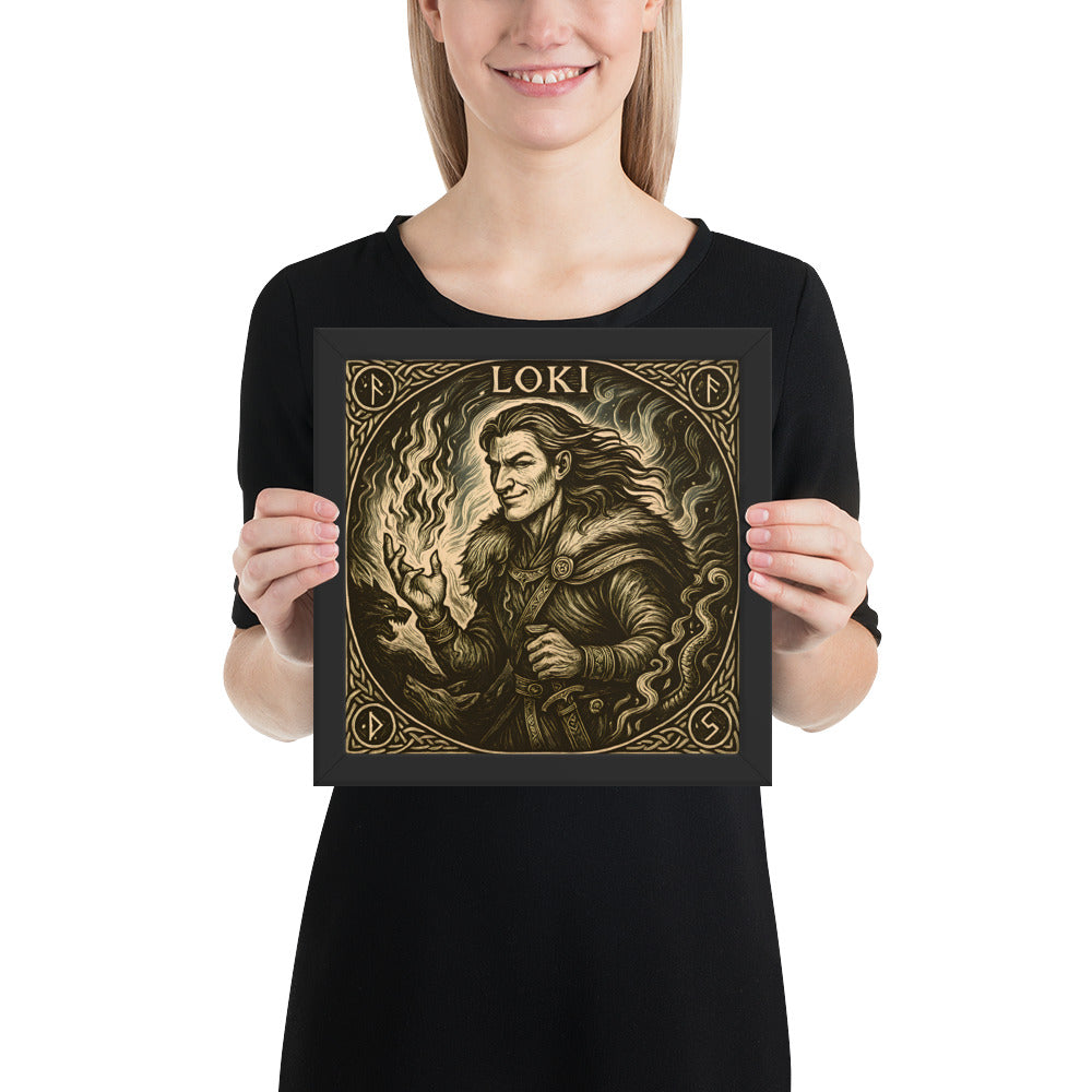 Norse god Loki framed poster, Viking mythology wall art symbolizing mischief, change, and transformation