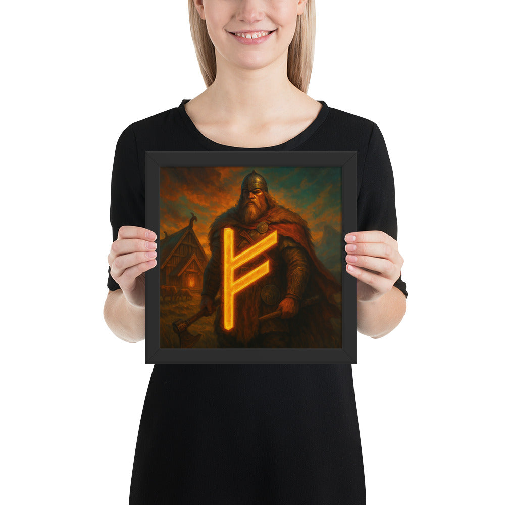 Norse rune art print with Fehu rune and Viking warrior, wall decor symbolizing prosperity and strength