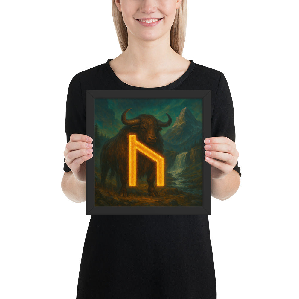Norse rune art print with Uruz rune and aurochs, Viking wall decor symbolizing strength and resilience