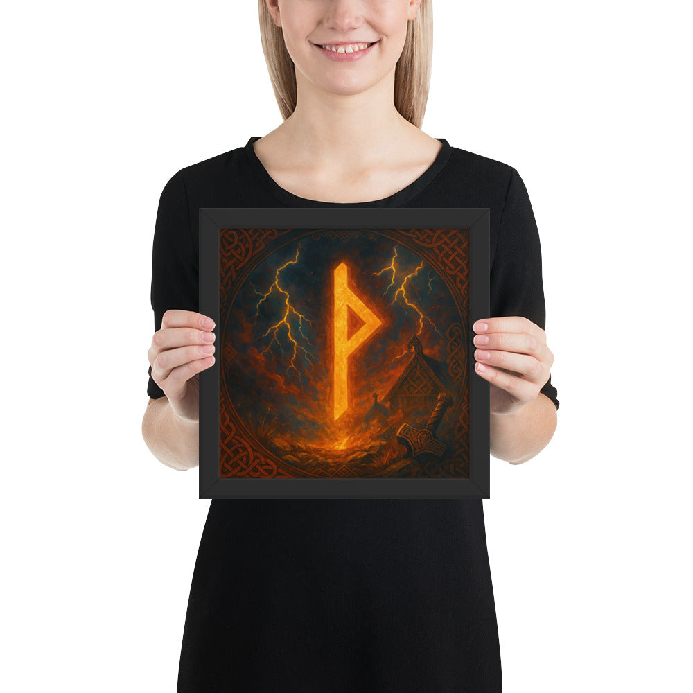 Norse rune art print inspired by Thor’s hammer and the Thurisaz rune of protection, Viking wall decor