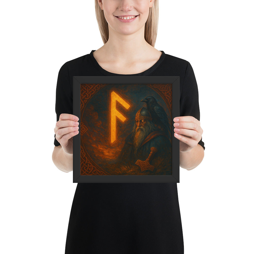 Mythological Viking artwork with Odin and Ansuz rune, Norse wall art symbolizing wisdom, speech, and guidance