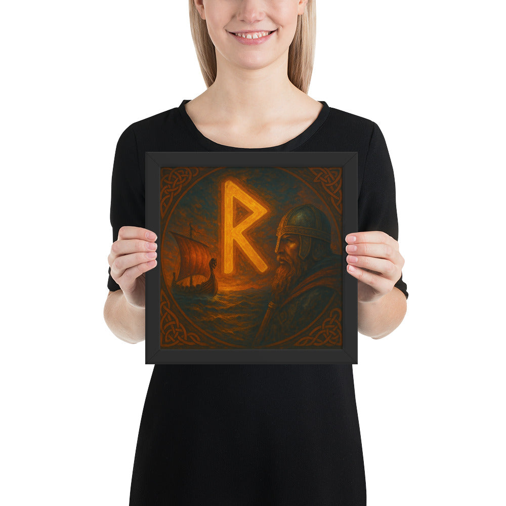 Norse rune wall art inspired by Viking journeys, featuring Raidho rune, warrior and ship, framed mythology print