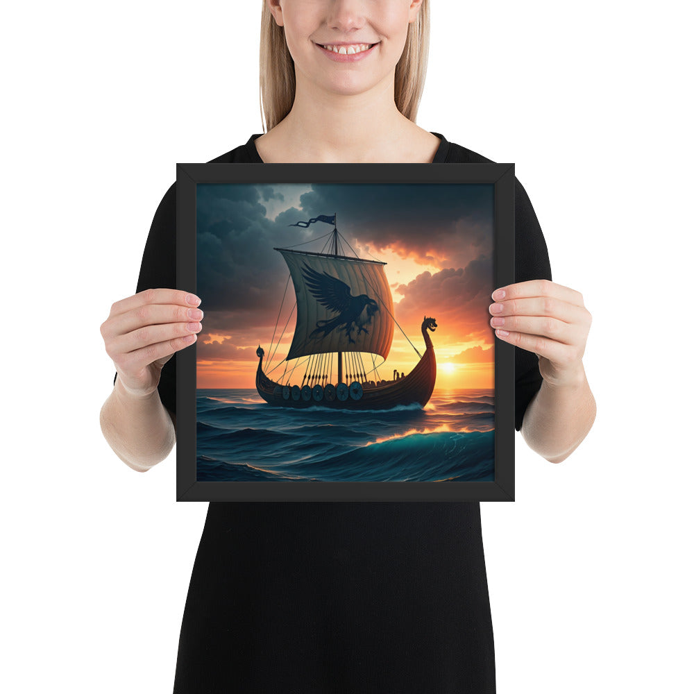 Viking longship framed print symbolizing exploration and seafaring heritage