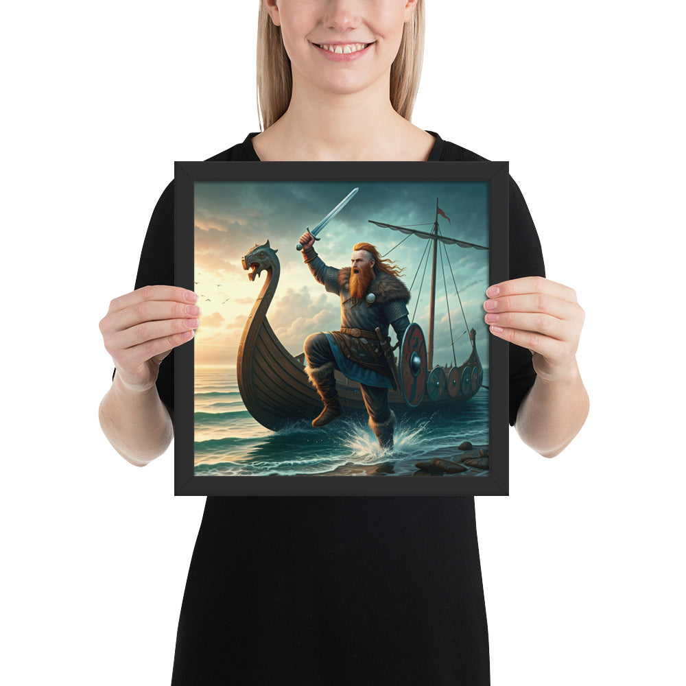 Viking berserker framed print capturing dynamic assault and combat momentum