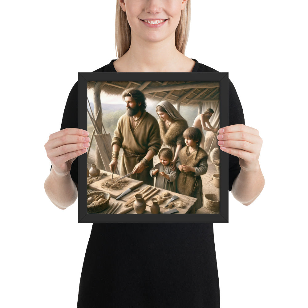 Neolithic daily life art print depicting early European settlers and family work