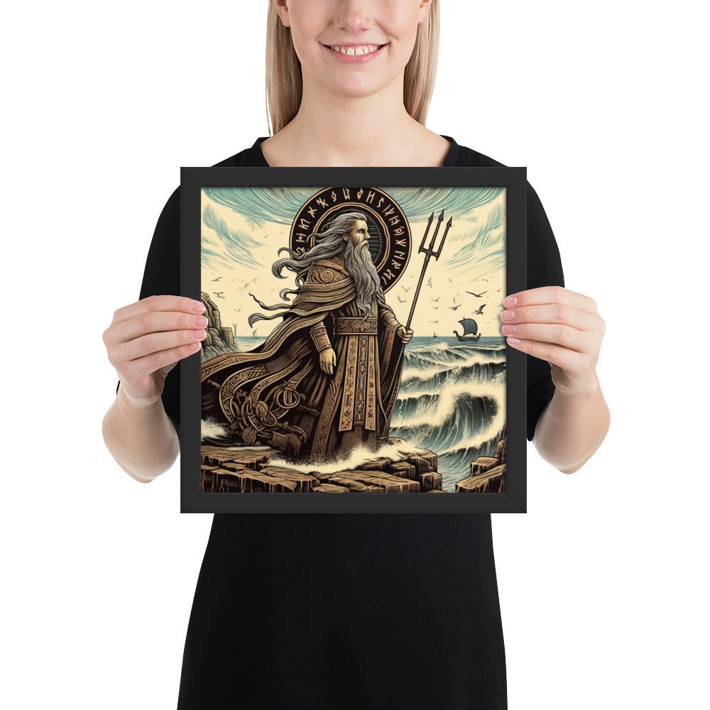 Framed Viking wall art portraying Njord as Norse god of the sea, wind, and wealth