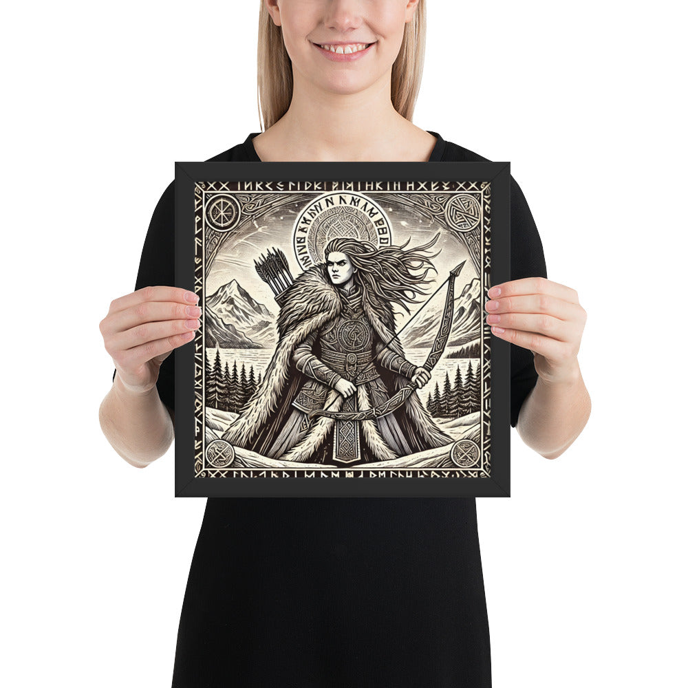 Framed Viking wall art portraying Skadi as Norse goddess of winter, wilderness, and justice