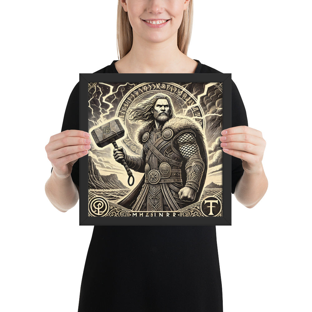 Framed Viking wall art portraying Thor as protector of Midgard with Mjölnir