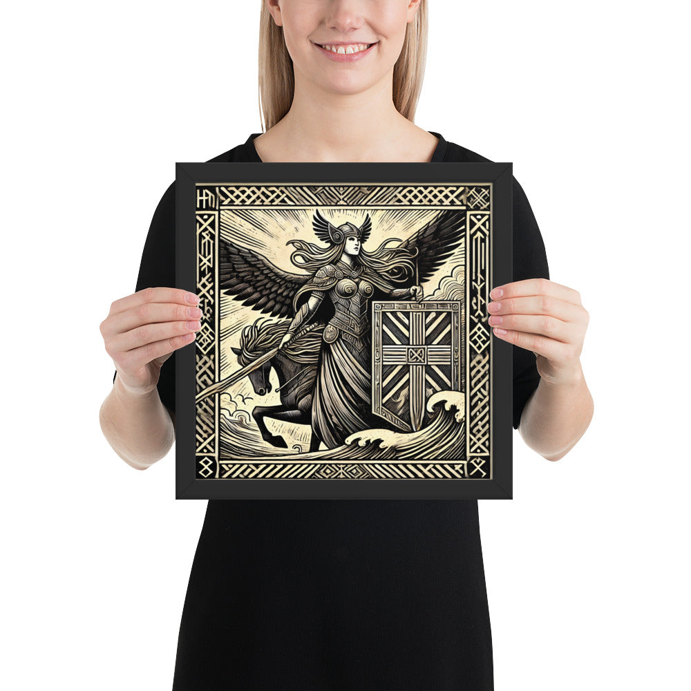 Framed Viking art print portraying a Valkyrie as chooser of the slain in traditional woodcut design