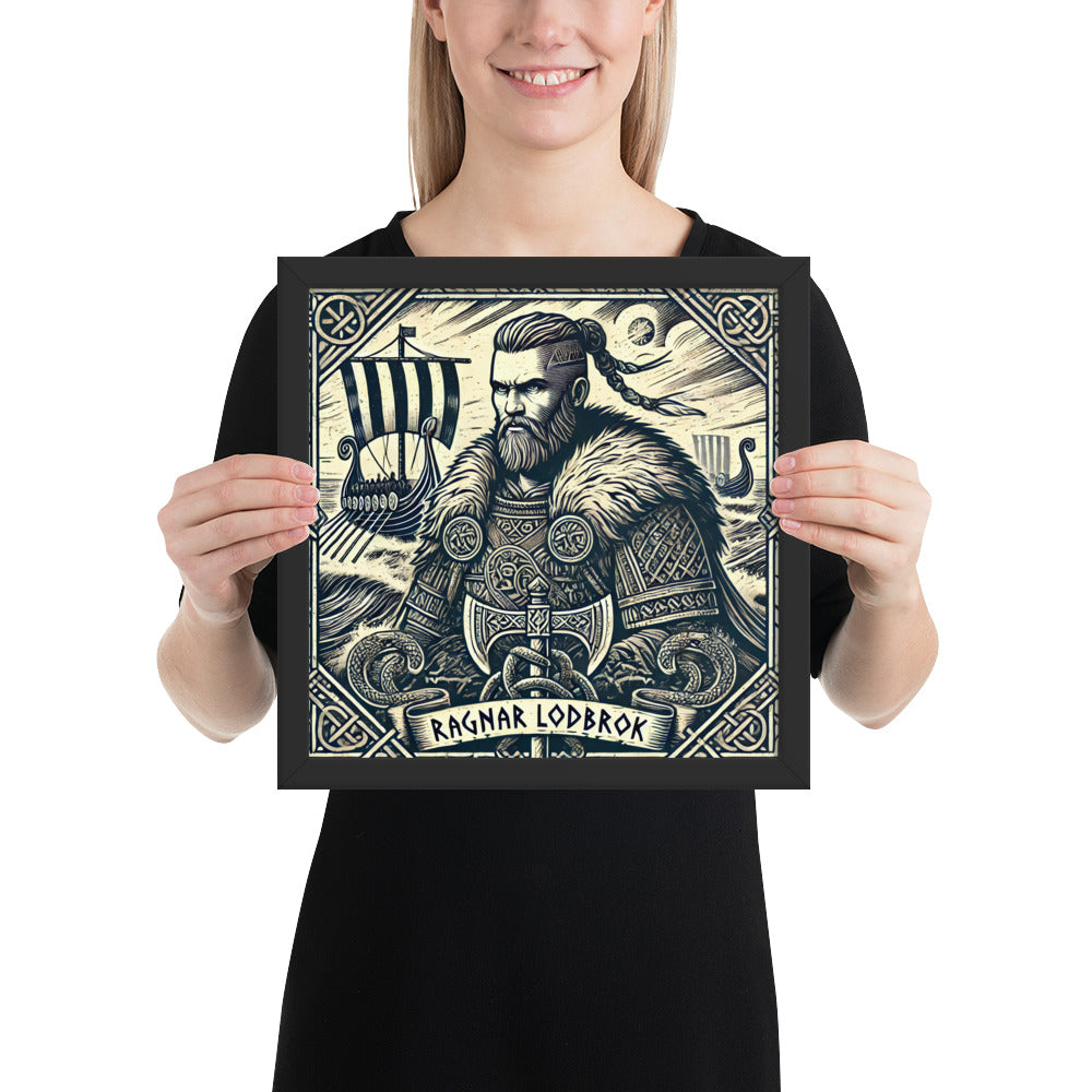Framed Nordic legend print of Ragnar Lodbrok with longships and knotwork design
