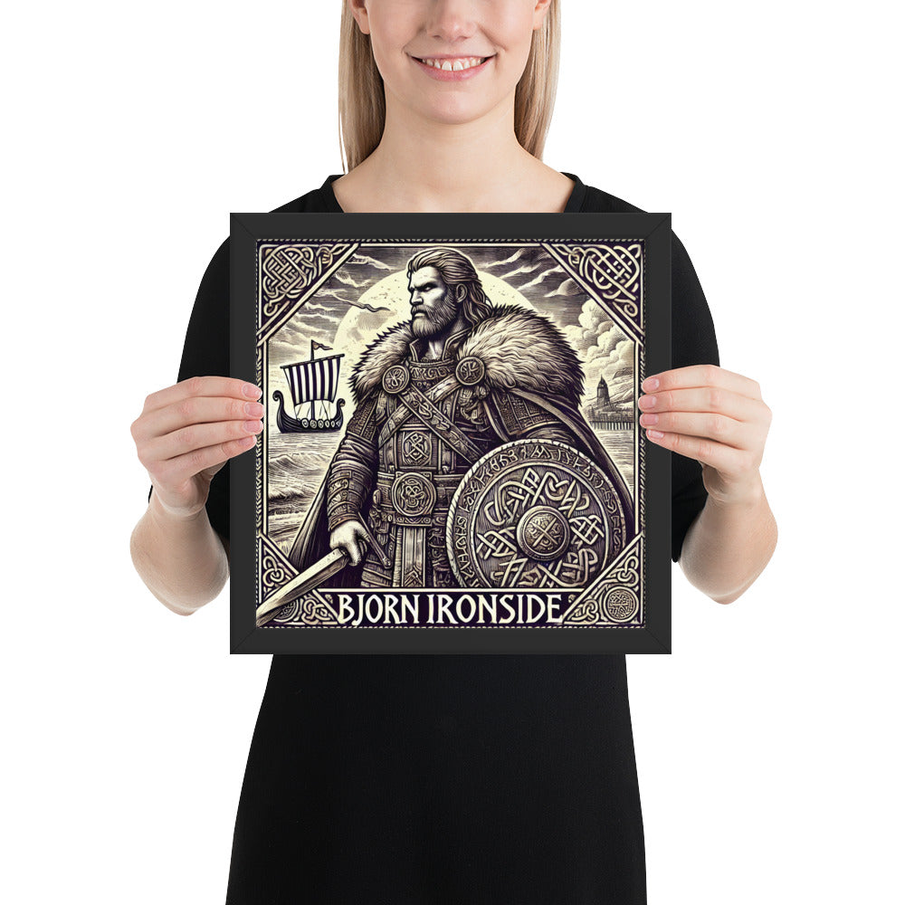 Framed Viking artwork of Bjorn Ironside in woodcut style with Nordic runes