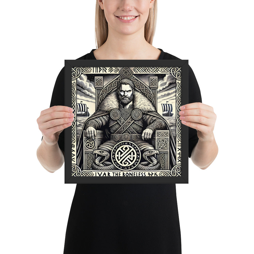 Framed Viking artwork of Ivar the Boneless seated in authority with longships in the background
