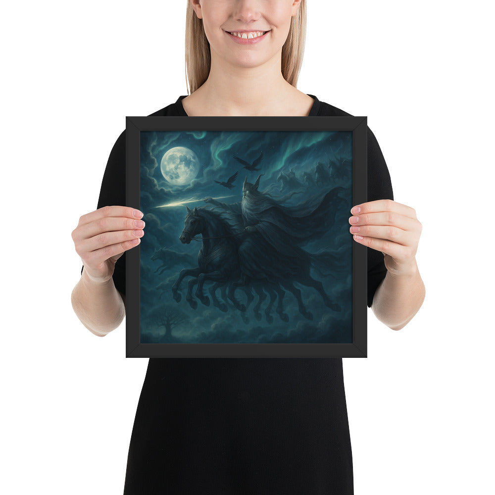 Framed Viking mythology artwork portraying Odin with Gungnir and ravens in the night sky