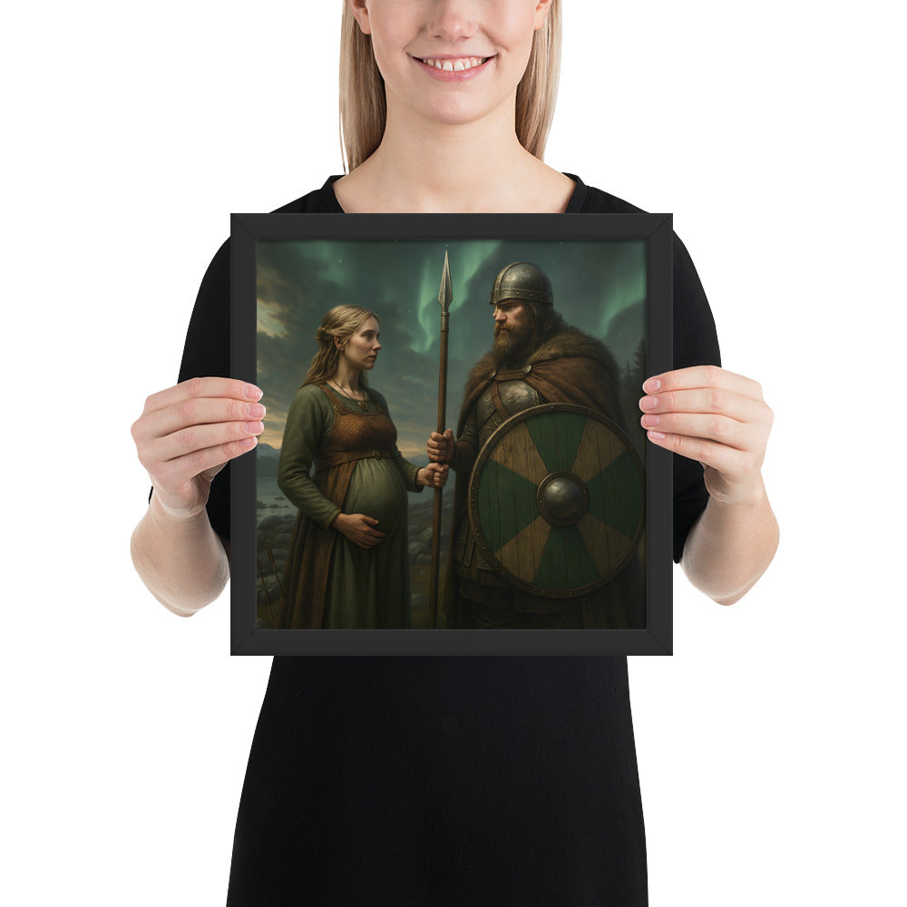 Framed Viking artwork portraying a warrior and his pregnant wife in a moment of love and fate