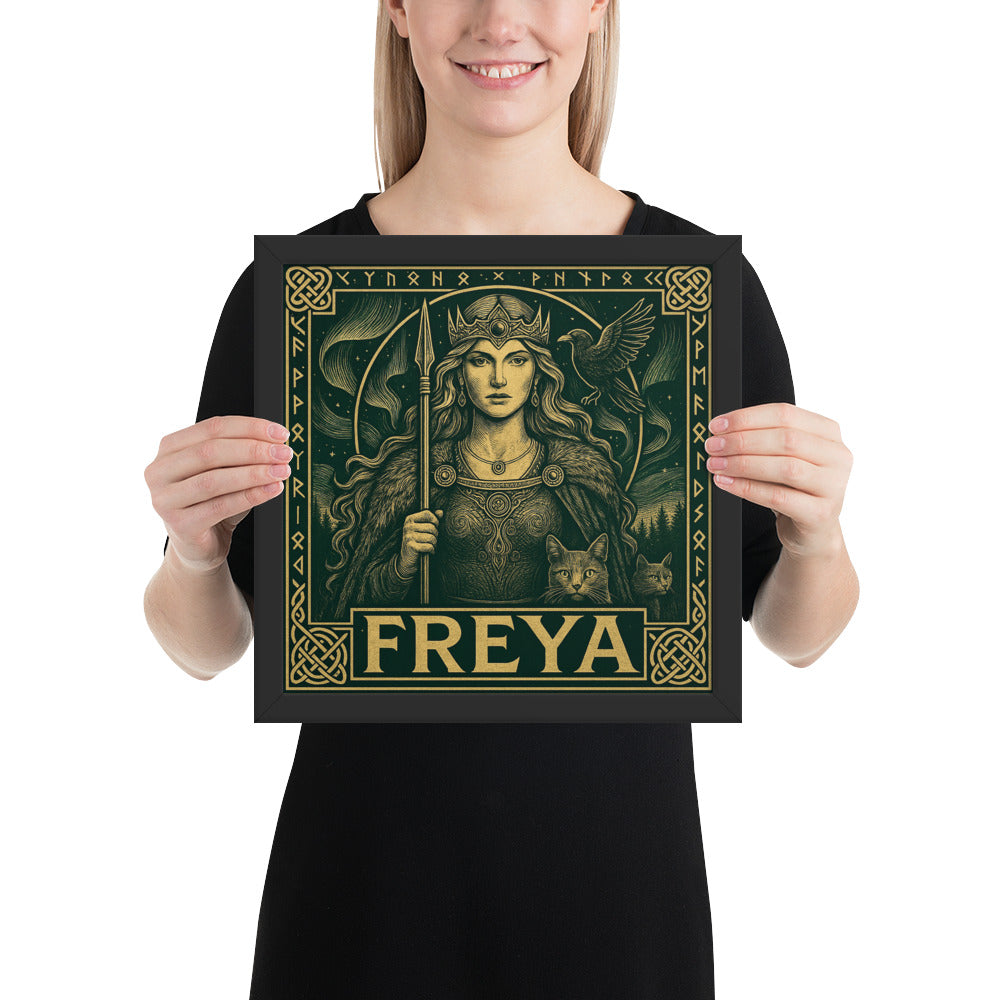 Norse mythology wall décor featuring Freya, Lady of Cats, with intricate knotwork and symbolic runes