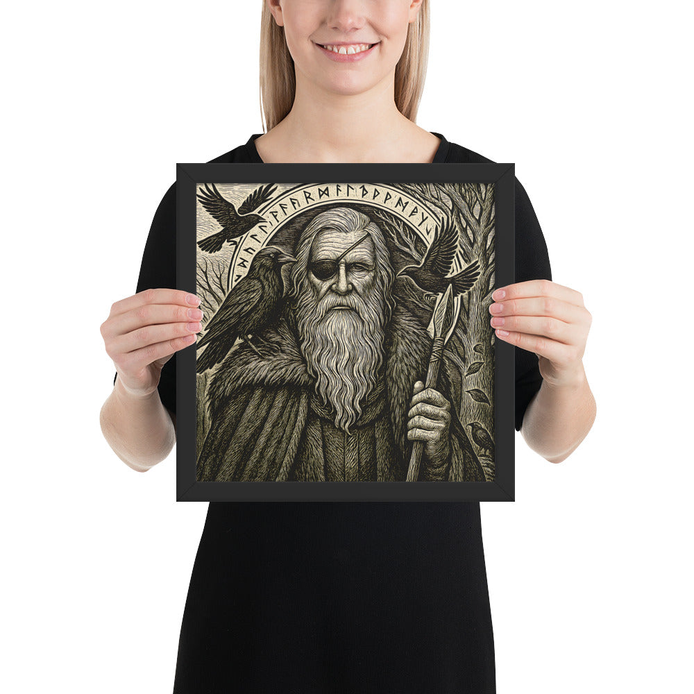 Norse mythology art print of Odin the Wayfarer surrounded by ravens and ancient runes, Viking décor