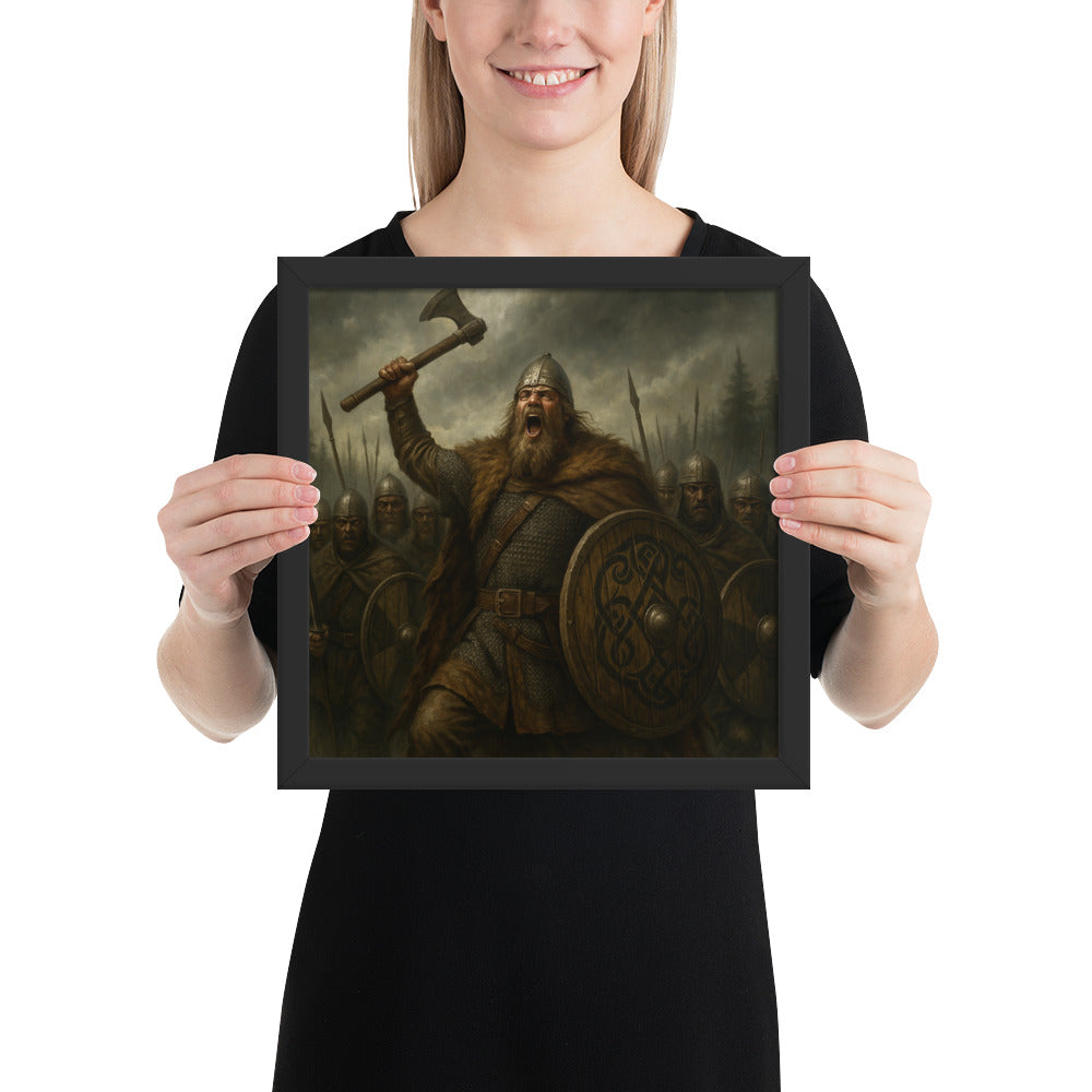 Masculine Norse battle art print featuring Harald Hardrada shouting a war cry amid shield warriors