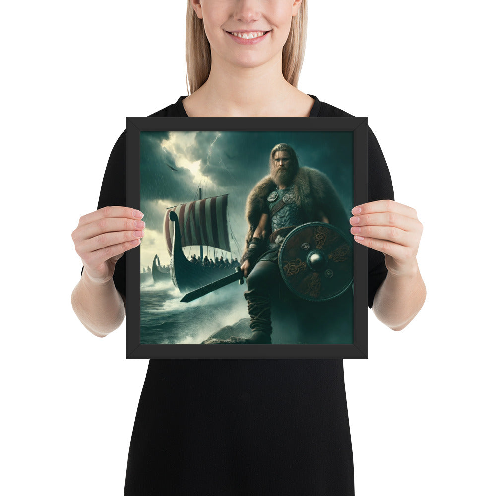 Epic Viking art print inspired by Leif Erikson’s landing in North America, framed wall decor
