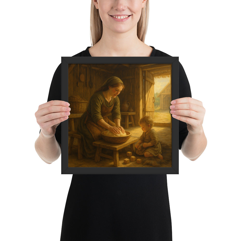 Cozy family wall art print illustrating a quiet morning ritual of baking and motherhood in a warm rustic interior