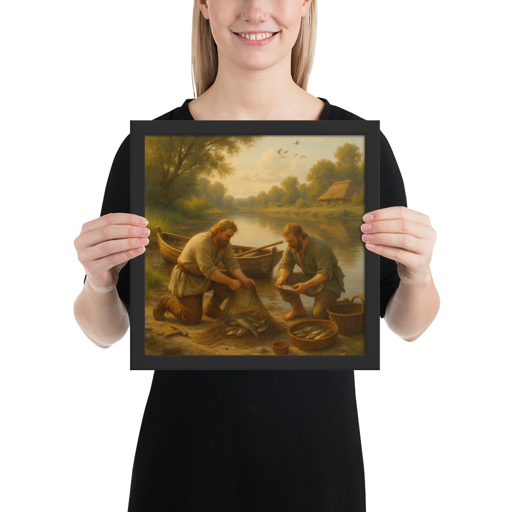 Mythological Nordic artwork inspired by Viking river fishing and early morning labor, framed print