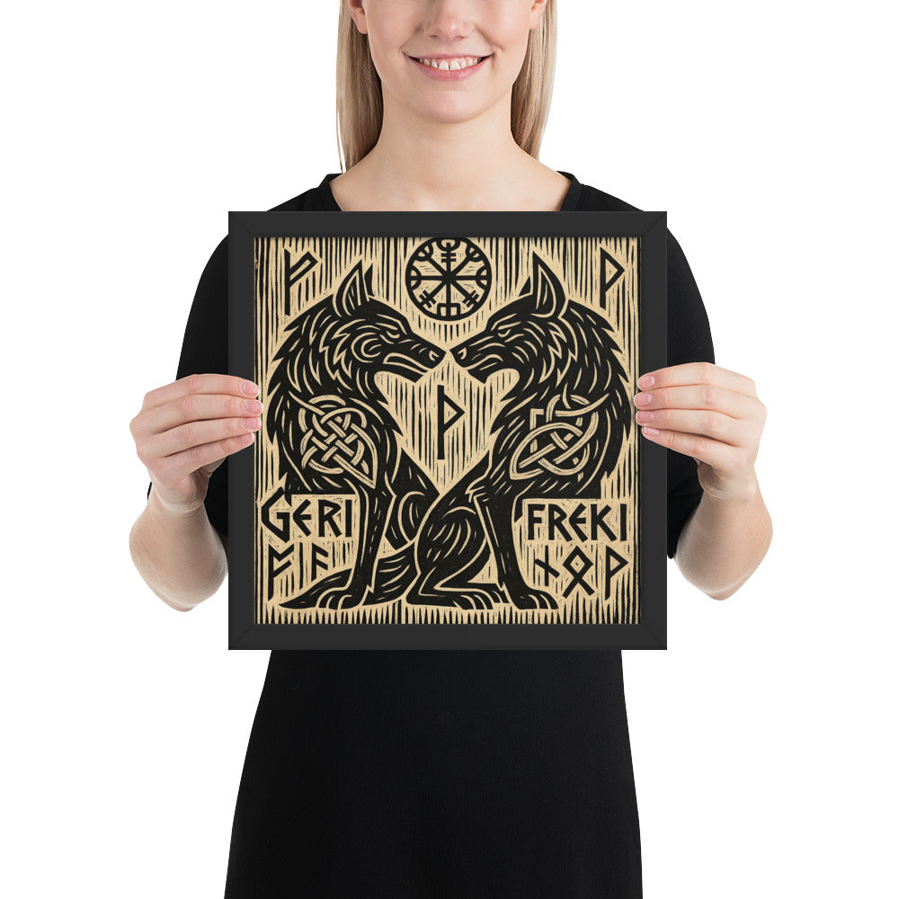 Mythological Viking artwork portraying Geri and Freki, Odin’s loyal wolves, framed wall art