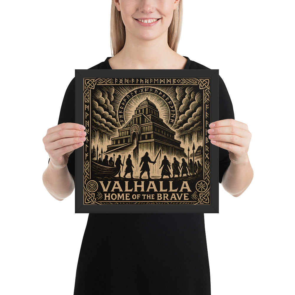 Mythological Norse artwork featuring Valhalla, Odin’s hall, and warrior silhouettes, framed print