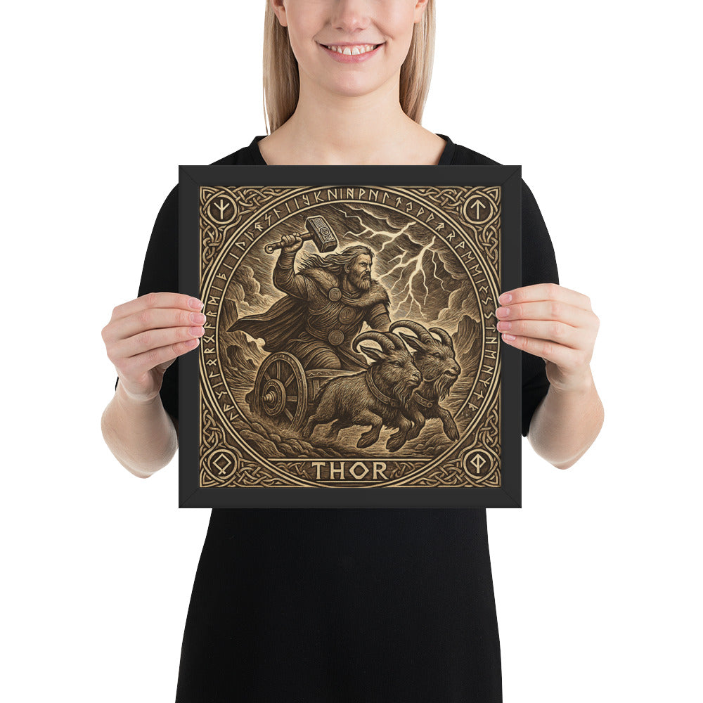 Mythological Viking artwork portraying Thor, god of thunder, lightning, and protection, framed wall art