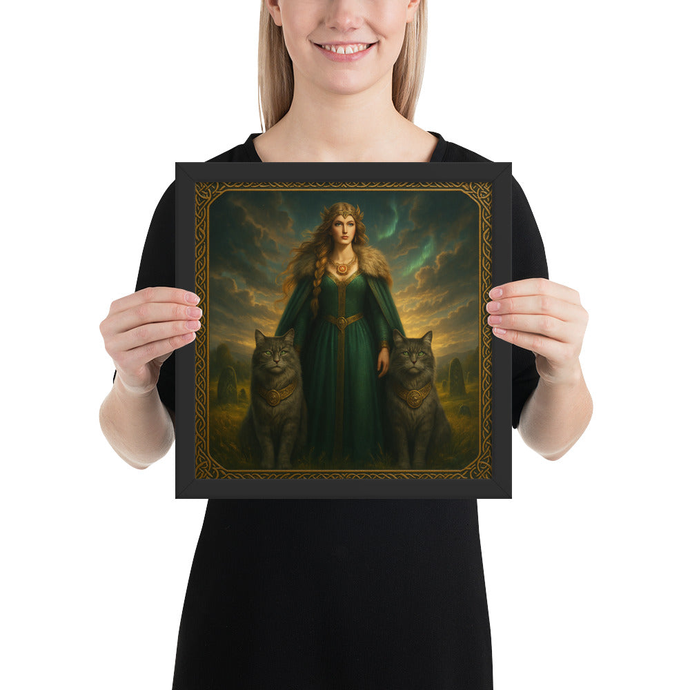 Mythological Norse artwork of Freya with sacred cats and Celtic knot border, Viking goddess wall decor