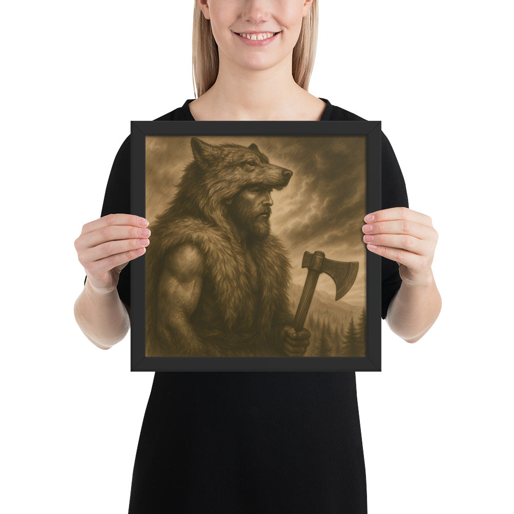 Mythological Viking artwork portraying an Ulfhednar wolf warrior, framed Norse mythology print