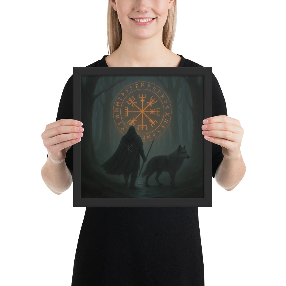 Mythological Viking artwork with Vegvísir rune, forest path, and wolf, framed Norse wall art