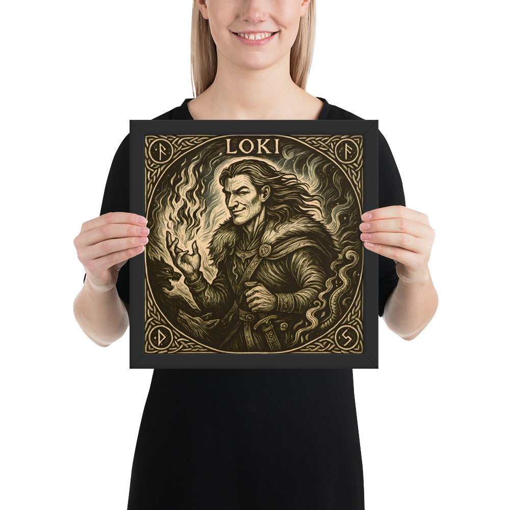 Mythological Norse artwork of Loki the trickster, fire magic and runes, framed wall decor