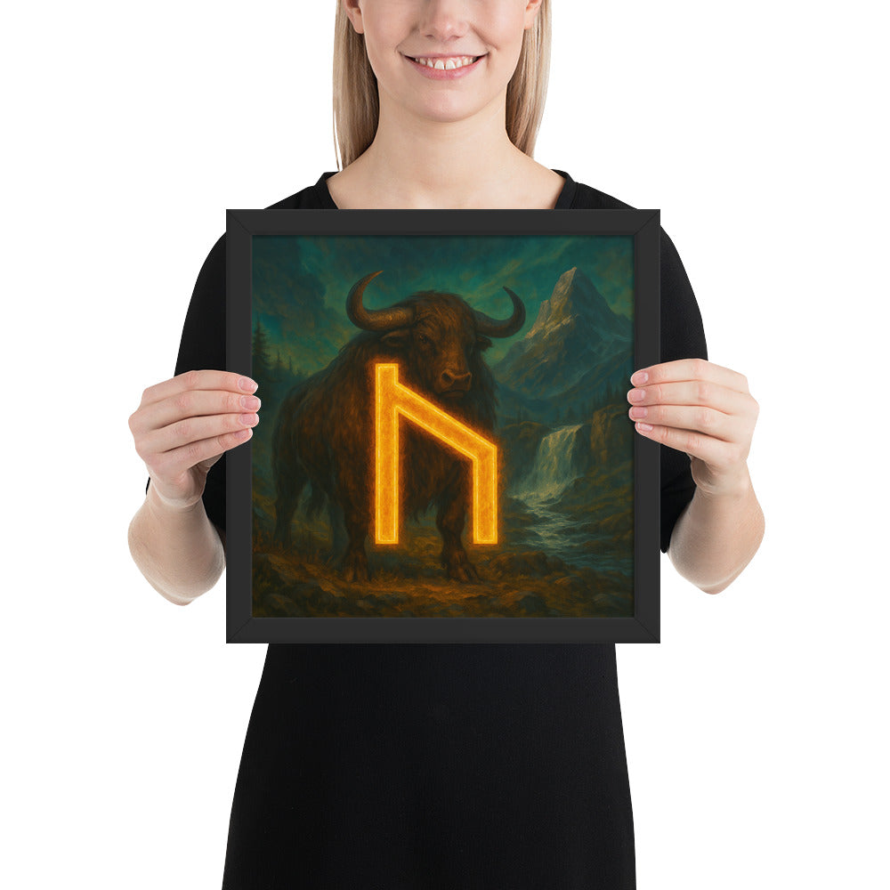 Mythological Viking artwork inspired by the Uruz rune of vitality and transformation, framed rune wall art