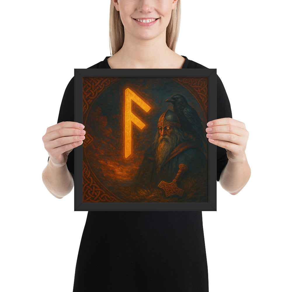 Norse rune art print inspired by Odin’s wisdom, Ansuz rune symbol of divine word, framed Viking wall art