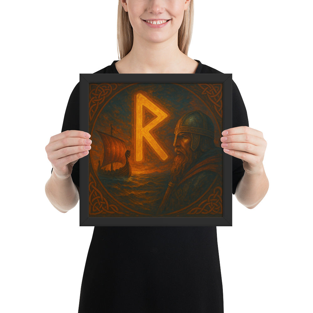 Mythological Viking artwork depicting Raidho rune glowing above a longship, framed Nordic rune wall decor