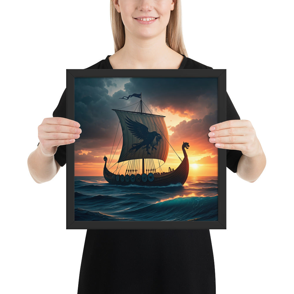 Viking ship art print with sunset sky and tranquil maritime scene