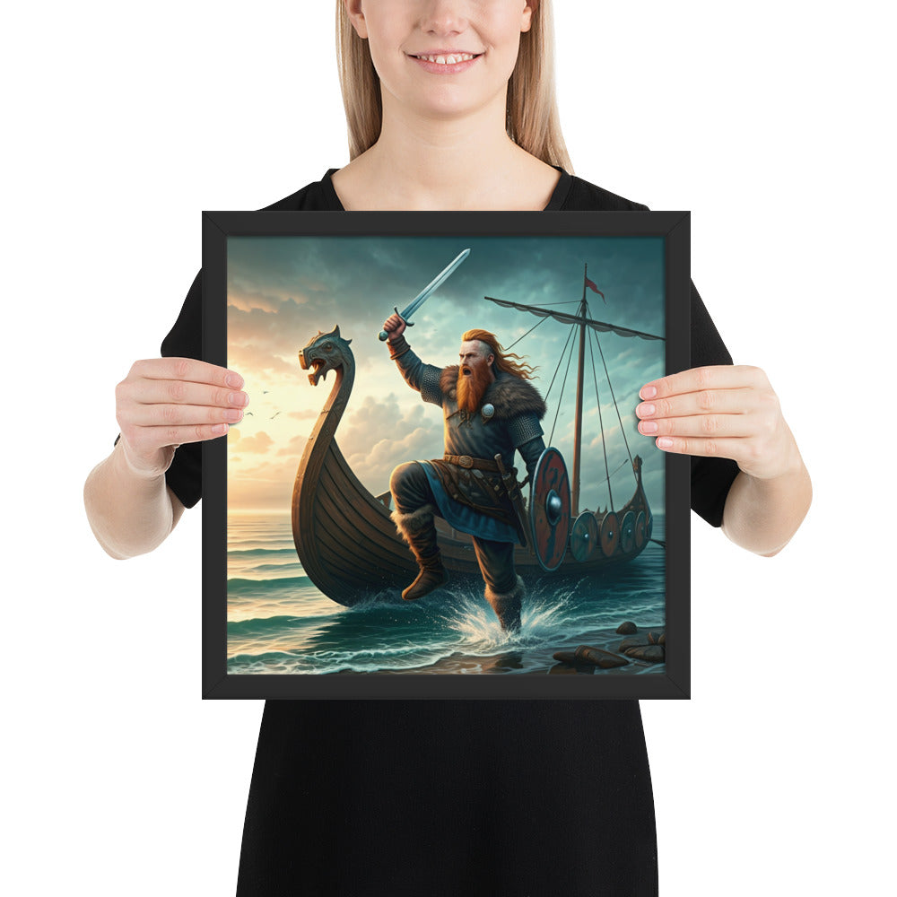 Viking battle art print featuring berserker warrior with sword and stormy waves