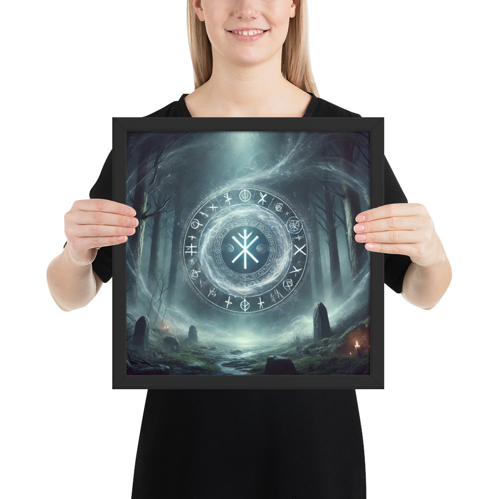 Norse mythology wall art showing mystical rune gate in dark woodland