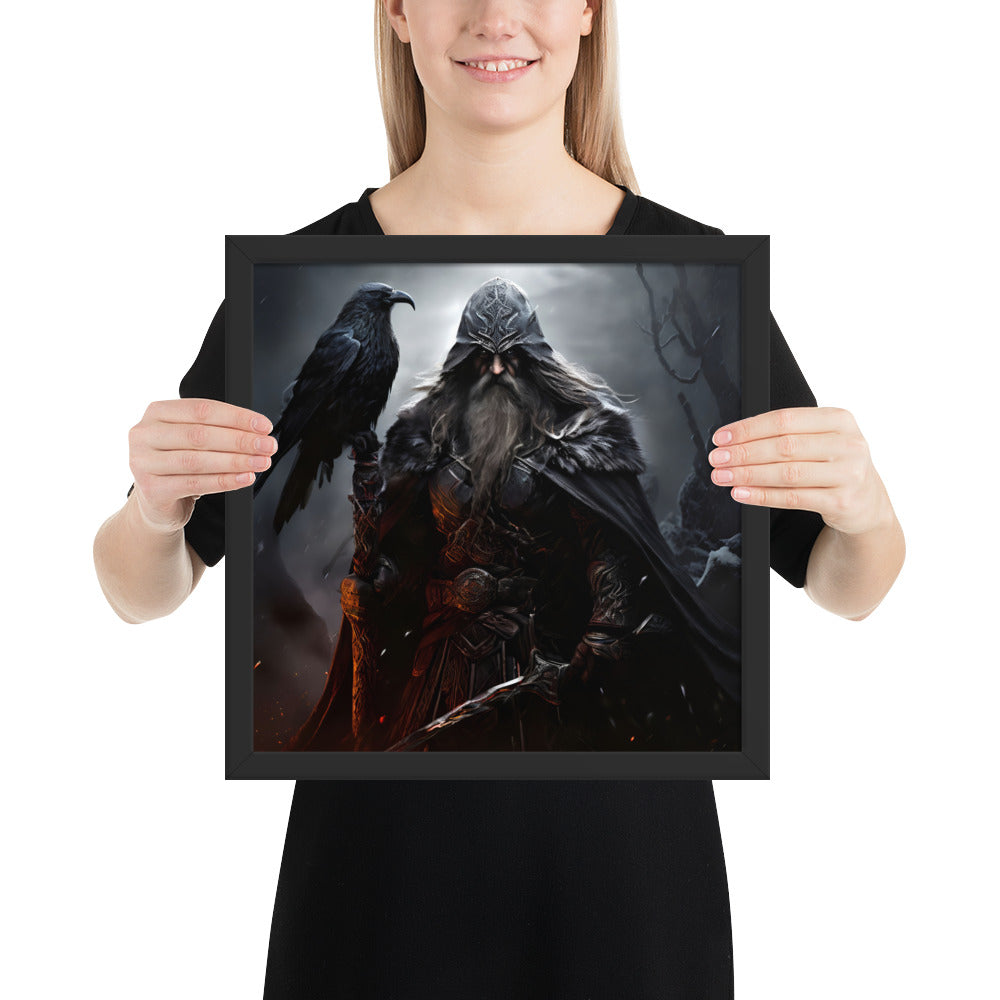 Viking god Odin framed print featuring raven symbolism of wisdom and memory